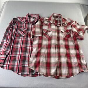 Ely Cattleman Pearl Snap Shirt Red Plaid Long/Short Sleeve Lot of 2 Large